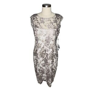 ADRIANNA PAPELL Sheath Mini Dress Mink Silver Floral Sequin Lace Women's 14 NWT